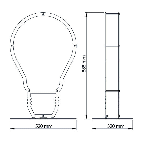A dimensional drawing of Ardour's light bulb metal log basket. It is 838 millimetres tall, 520 millimetres wide and 320 millimetres deep