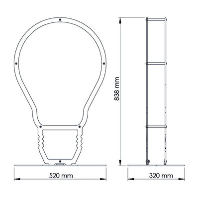 A dimensional drawing of Ardour's light bulb metal log basket. It is 838 millimetres tall, 520 millimetres wide and 320 millimetres deep