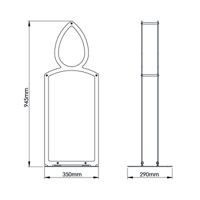 A dimensional drawing of Ardour's Candle metal log basket. It is 945 millimetres tall, 350 millimetres wide and 290 millimetres deep