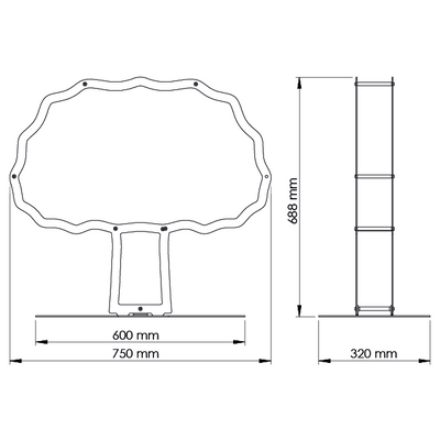 A dimensional drawing of Ardour's Oak tree shaped metal log basket. It is 688 millimetres tall, 720 millimetres wide and 320 millimetres deep