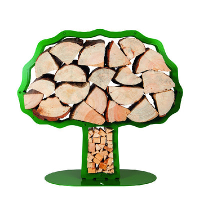 A front view of one of Ardour's Oak tree shaped metal log baskets in may-green. It has a profile of an oak tree with a broad trunk and is attached to a base-plate. The design has two compartments; one in the trunk to store kindling and a large one for the main body of the tree to store the logs.