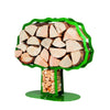 An isometric view of one of Ardour's Oak tree shaped metal log baskets in may-green. It has a profile of an oak tree with a broad trunk and is attached to a base-plate. The design has two compartments; one in the trunk to store kindling and a large one for the main body of the tree to store the logs.